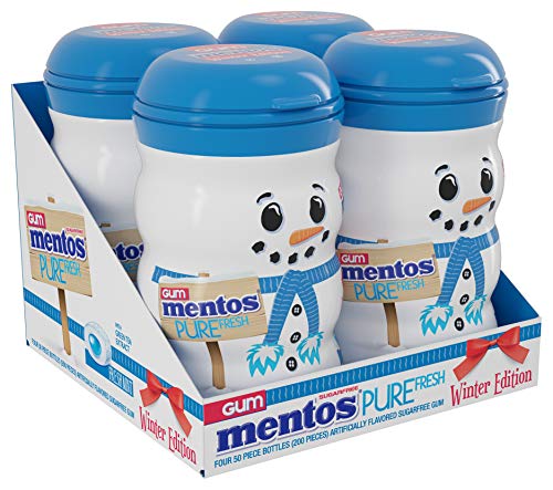 Mentos Sugar-Free Chewing Gum, Fresh Mint Flavor, Winter Edition Snowman Bottle, Holiday Stocking Stuffer, Secret Santa, 50 Count (Pack of 4)