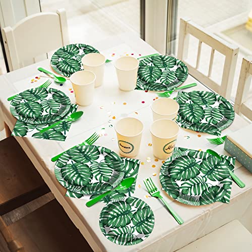 Image of gisgfim 96 Pcs Hawaiian Luau Party Plates and Napkins Party Supplies Tropical Palm Leaf Tableware Set Summer Theme Party Decorations Favors for Birthday Baby Shower for 24 Guests