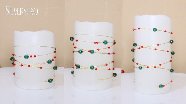 Image of Flameless Candles with Red Green Beads String Lights - Real Wax Christmas Decor Battery Operated Candles with Remote & Timer- Home Party Bedroom Holiday Valentine's Day Decorations - Set of 3