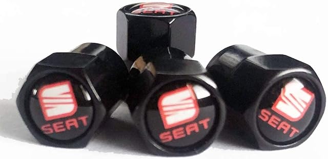 SEAT Black Wheel Tyre Valve Dust Caps Covers Set x4 Chrome Metal Leon Cupra Ibiza FR Arona Ateca Mii Tarraco Altea Arosa Exeo