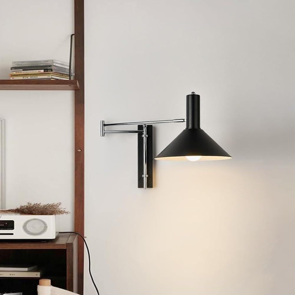 Schwenkarm Wandleuchten mit Schalter und Kabel Wandlampe lnnen Vintage Industrie Wandbeleuchtung Verstellbar Langer Arm Wand Leselampe Drehbare 360 ° Flexarm für Wohnzimmer Büro,Schwarz
