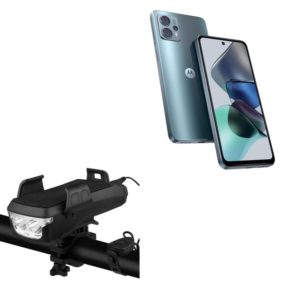 BoxWave Stand and Mount Compatible with Motorola Moto G23 - Solar Rejuva Bike Mount (4000mAh), Bike Mount with Solar Power Bank, Lights, and Horn for Motorola Moto G23 - Jet Black