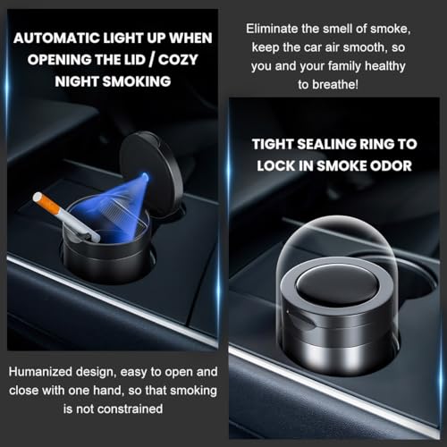 Image of Augeny Car Ashtray with Lid, Zinc Alloy Detachable Auto Ashtray with Led Blue light, Mini Portable Ashtray Trash Can Fit for Most Vehicles, Universal Interior Car Accessories (Black)