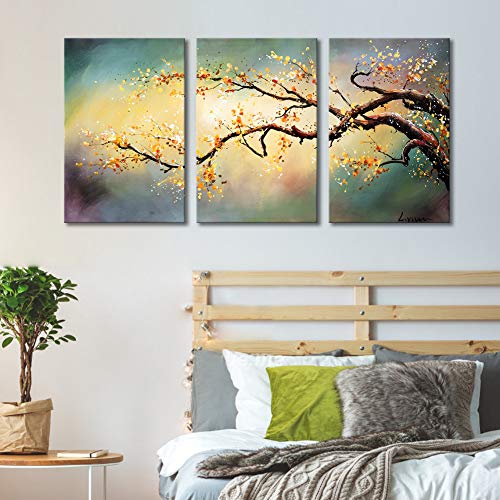 ARTLAND Modern 100% Hand Painted Flower Oil Painting on Canvas Yellow Plum Blossom 3-Piece Gallery-Wrapped Framed Wall Art Ready to Hang for Living Room for Wall Decor Home Decoration 24x48inches