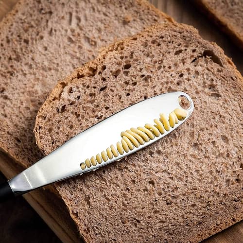 Image of Butter Spreader Knife, Stainless Steel, 3 in 1 Kitchen Gadgets, Curler, Butter Grater, Shredding Slots and with Serrated Edge Knife with Hole (Silver-Red, Set of 2)