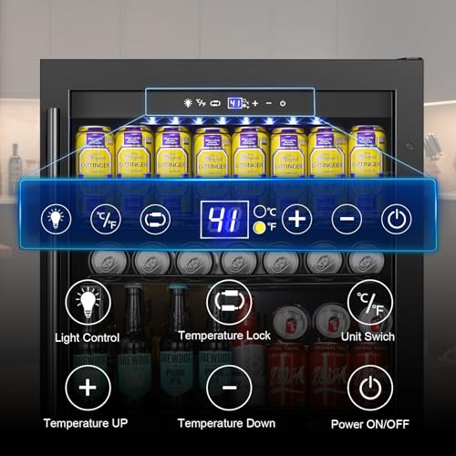 Image of Beverage Refrigerator 24 Inch 200 Can Drink Fridge with Glass Door, Under Counter /Freestanding Beverage Cooler with Temperature Control, Reversible Door, Quick Cooling for Beer Soda Wine, Black