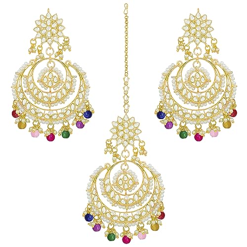 Image of Peora Traditional Jewellery Rhodium Kundan & Pearl Maang Tikka Earring Set for Women Girls
