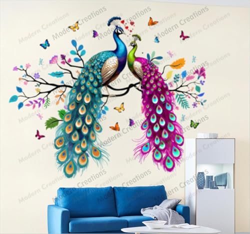 Image of Large Double Peacock Wall Sticker for Home Decoration - Premium Vinyl DIY Wall Decal for Living Room, Bedroom & Festival Decor | Waterproof (Multicolour)
