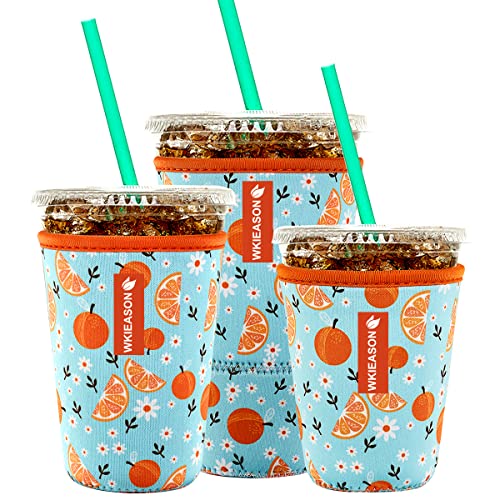 Image of Reusable Iced Coffee Insulator Sleeve for Cold Beverages and Neoprene Cold Coffee Cup Sleeves Cooler Cover 16-32OZ for Coffee Cups, McDonalds, Dunkin Donuts, More (Fresh orange print)