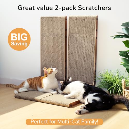 Image of FUKUMARU Cat Scratcher, 26.8 Inch Cat Scratch Pad for Indoor Cats, L Shaped Cardboard Vertical Cats Scratching Board with Ball Toy, Walnut Color, 2 Packs