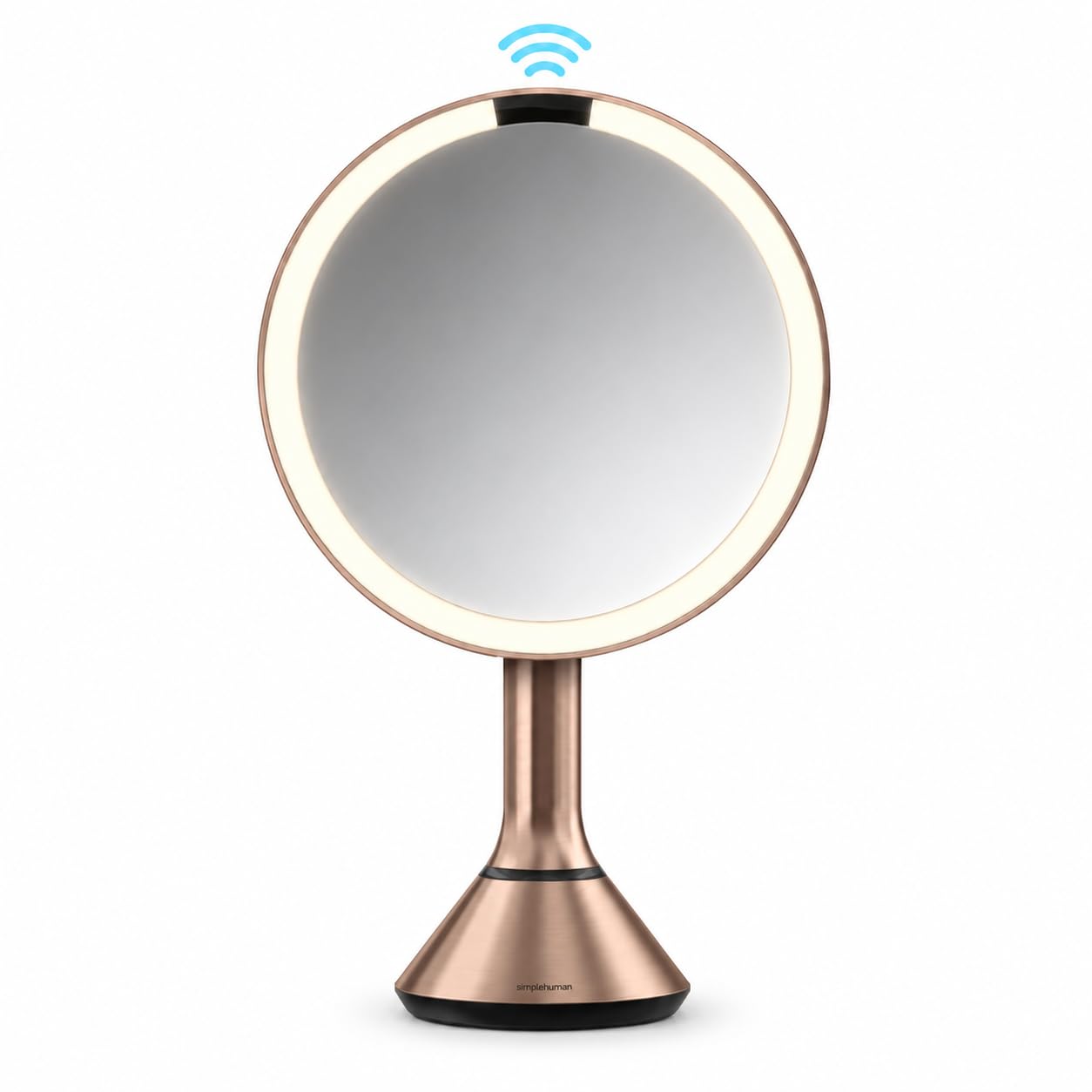 simplehuman Miroir de Maquillage Rond à capteur de 20,3 cm avec Double réglage de lumière, grossissement x5, Rechargeable et sans Fil, Acier Inoxydable Or Rose