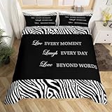 Black and White Stripes Duvet Cover Queen Size,Live Laugh Love Comforter Cover with 2 Pillowcase for Teens,Kids Zebra Skin Bedding Set,Animals Stripes Breathable Decorative Bed Cover(No Comforter)