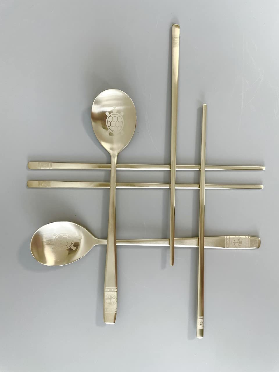 cozymomdeco Korean Made Traditional Pattern Engraved Chopsticks Spoon Set 18-10 Stainless Steel Gold Color 2SET