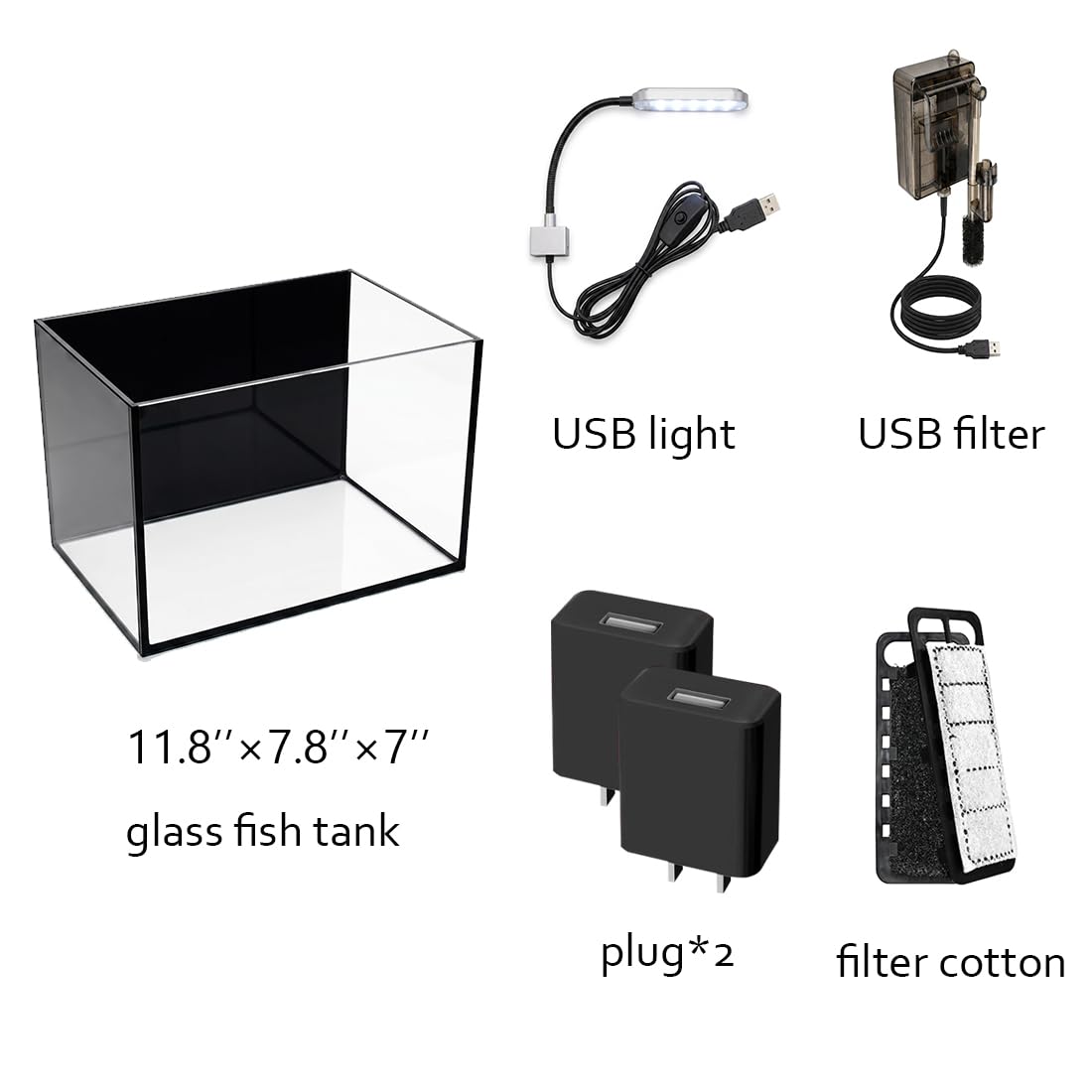 Kit per acquario da 7,5 litri, ultra trasparente, piccolo acquario, nano acquario, acquario Betta, piccolo acquario per pesci, kit per principianti per acquario, con luce, filtro (nero, 30 x 17,8 x