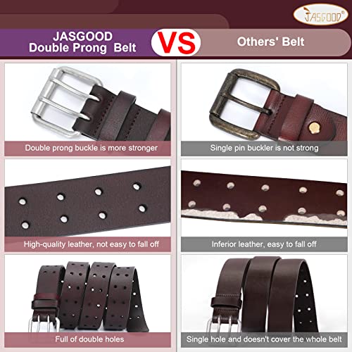 Image of JASGOOD Men Double Prong PU Leather Belt Casual Work Heavy Duty Belt Double Grommet Holes Belt for Jeans