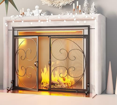 Image of Fire Beauty Wrought Iron Fireplace Screen with Magnetic Double Doors Black