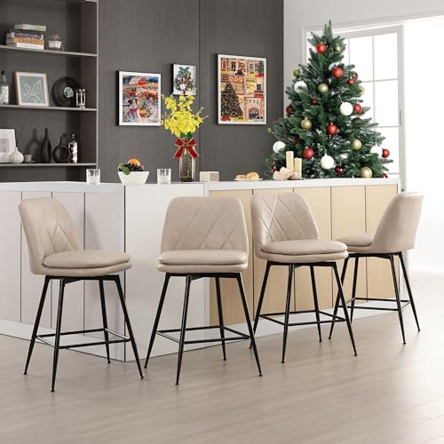 Image of Swivel Bar Stools Set of 4, Swivel Counter Height Bar Stools Set with Metal Legs and Upholstered Faux-Leather Seats, Modern Bar Stool with Back for Kitchen Island (A29 H, Beige)