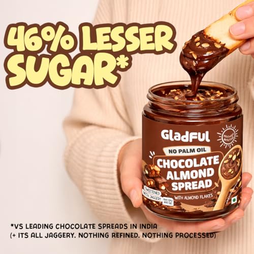 Image of Gladful Chocolate Almond Spread | 300g | No Palm Oil | No Refined Sugar | With Roasted Salted Almond Flakes | Clean Ingredients | Healthy Chocolatey Spread