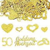 Whimzey Doppelseitige Glitzer Goldene Hochzeit Deko Konfetti Groß, 100 Stück Ring Herz Deko Goldene Hochzeit 50 Jahre Geschenk, Tischdeko Goldenen Hochzeite Streudeko, Gold Herzen Hochzeitsdeko Tisch