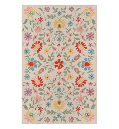 Image of Floral Pattern Wool Carpet with Loop Texture Yarn Anti Shedding Carpet Size 10x14 Feet A3 Ivory & Multi