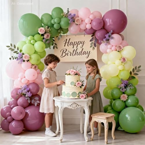 Image of Blocesa Sage Green Pink Purple Balloons Arch Kit, Latex, Party Decoration