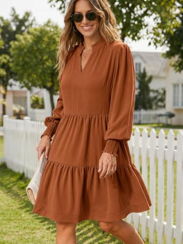 Image of Imily Bela Womens Fall Long Sleeve Tunic Dress Casual V Neck Tiered Dress | Loose,Swing,A-Line,Ruffled Collar,Puff Balloon Sleeve,Smocked Elastic Cuffs,Tiered Layered Ruffle Hem,Babydoll,Loose,Mini