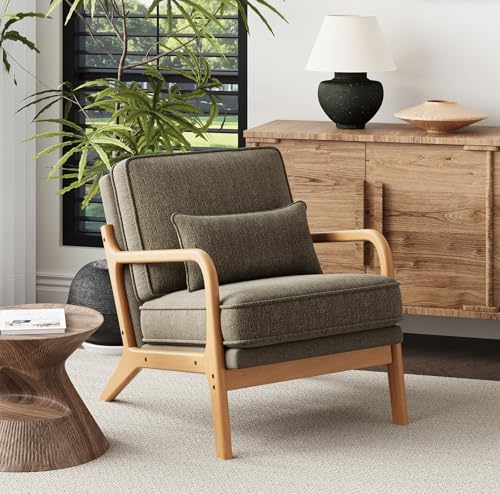 MALOL Accent Chair with Solid Wood Frame, Mid-Century Relaxing Armchair Lumbar Pillow& Soft Cushion, Reading Leisure Chair for Living Room, Bedroom, Waiting Room-Green by MALOL - Used condition - US$112.03