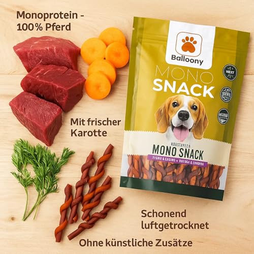 Balloony.pet Monosnack Kaustangen Pferd & Karotte – Natürliche hundeleckerli Pferd für jeden Hund – Luftgetrocknete leckerlies für Hunde (150g)