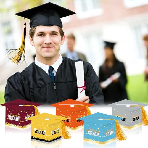 Image of 2026 Graduation Party Card Box, Gray Gold Congrats Cap Card Holder Box with Tassel for 2026 Graduation Party Decoration