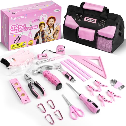 EZUVITA 32-Piece Kids Real Tool Set Pink Child Size Hand Tools Age 6+