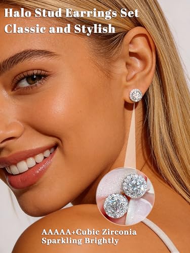 4 Pairs Silver Stud Earrings for Women, 18K Silver Plated Hypoallergenic Premium Cubic Zirconia Earrings, Halo Round Stud Earrings Set for Women Men Jewelry Gifts - image 2