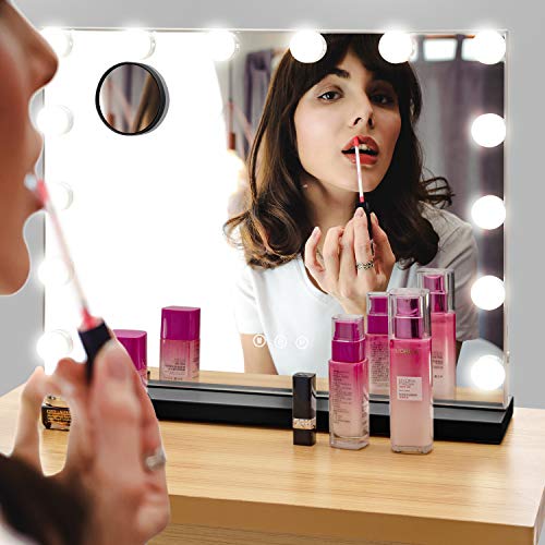 Crazy Deals AmazeFan Large Vanity Mirror with Lights, Hollywood Lighted Makeup Mirror with 14 Dimmable LED Bulbs for Dressing Room & Bedroom, Detachable 10X Magnification Spot Mirror (Black)