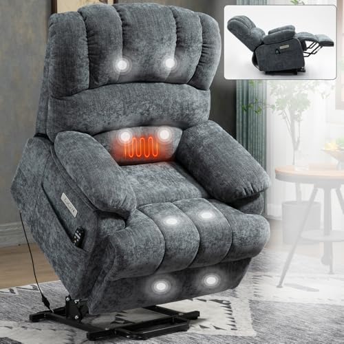 Image of Extra Large Power Lift Recliner Chair with Massage, Lumbar Heat, and USB Charging - Ideal for Enhanced Comfort and Mobility (42 x) (Blue-Gray + Chenille + Fiber Foam and Polyester Fiber Pad)
