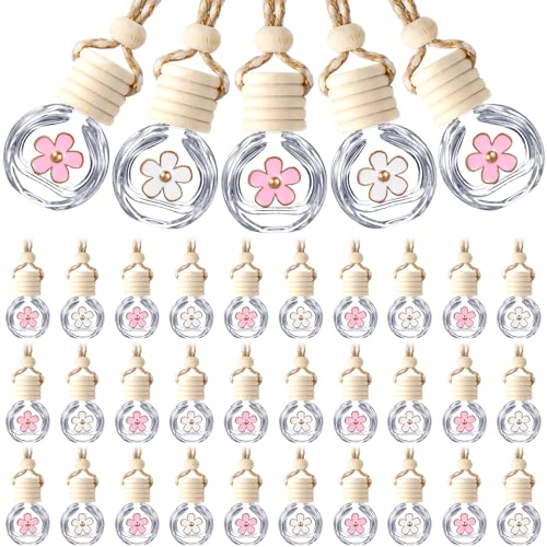 Image of BBTO 50 Pcs Hanging Car Air Freshener Car Diffuser Bottles Empty Glass Perfume Bottle Freshener Diffuser Bottle Pendant for Essential Oil Fragrance Aromatherapy Ornament(Clear,Flower)