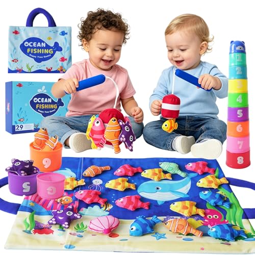 KAWITLO Montessori Toys for Toddlers, 29-piece Cloth Fishing Game Set with Stacking Cups, Perfect for Toddler Birthday Gifts, Sensory Fishing Toy for Babies, Double Fishing rods by KAWITLO - Used condition - US$20.77