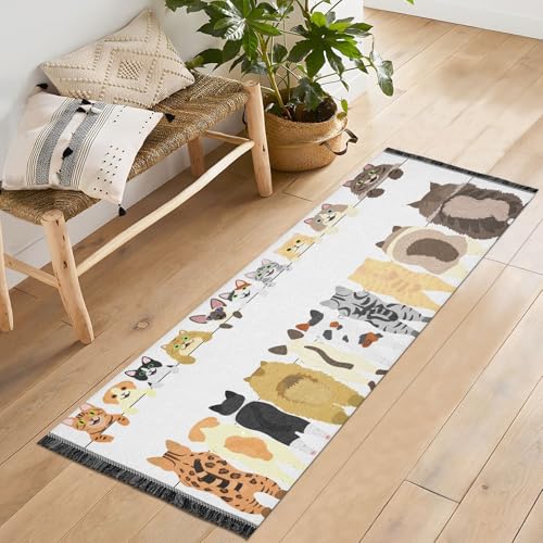 SUKAU フロアマット 猫柄 廊下 ラグ 洗える 60X180cm キッチンマット 滑り止め ロングマット 玄関マット 年中使える
