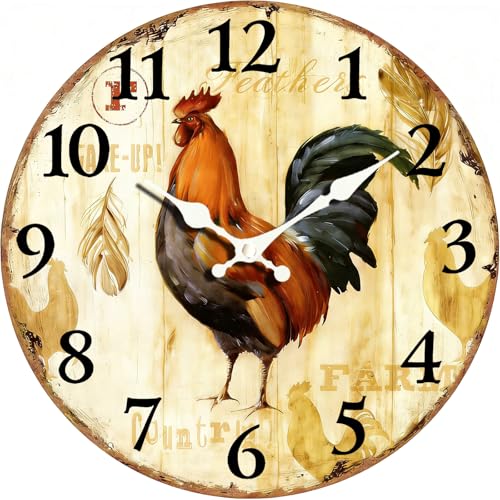 EZXZZ Vintage Rooster 8 Inch Small Wooden Wall Clock - Silent Non-Ticking Battery Operated Decorative Clock for Kitchen, Home, Bedroom, and Office