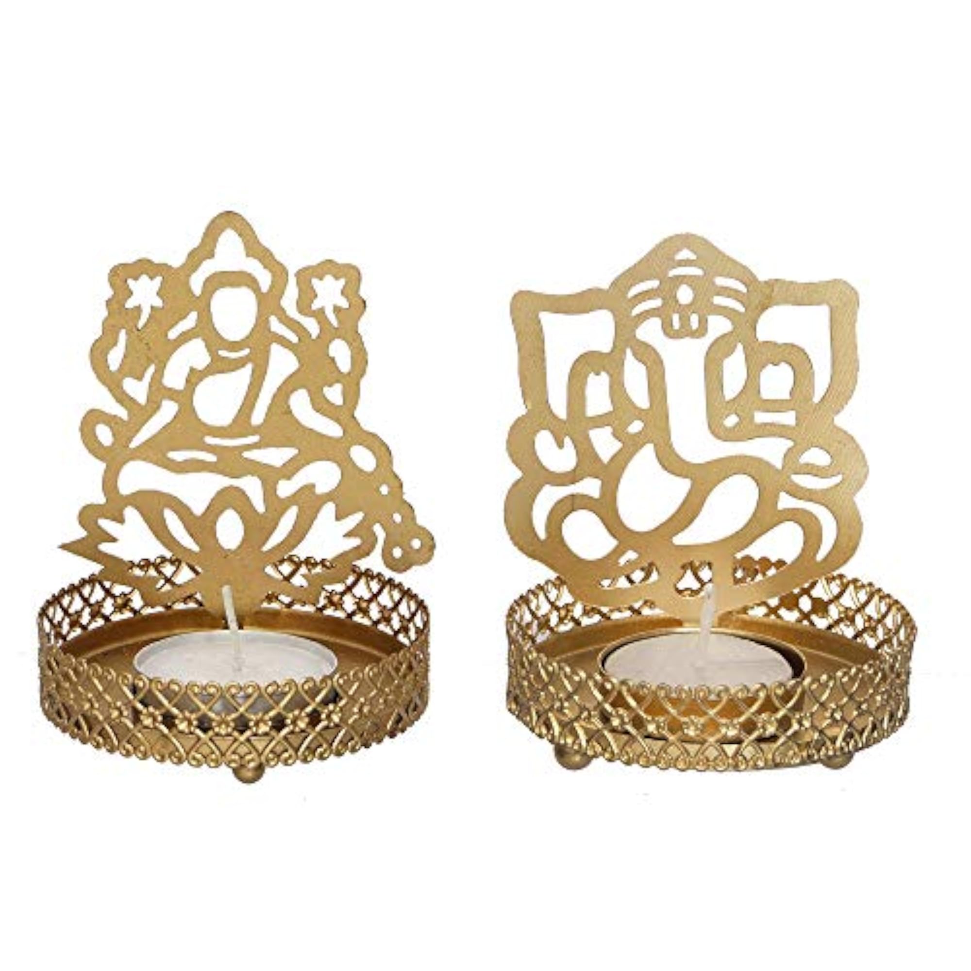 Set of 2 Metal Lord Ganesha and Goddess Lakshmi Shadow Tea Light Holders