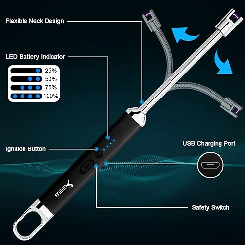 Miniatura 2 de SUPRUS Encendedor USB recargable de arco eléctrico con interruptor de seguridad, cuello flexible de 360, parrilla sin llama, encendedores largos