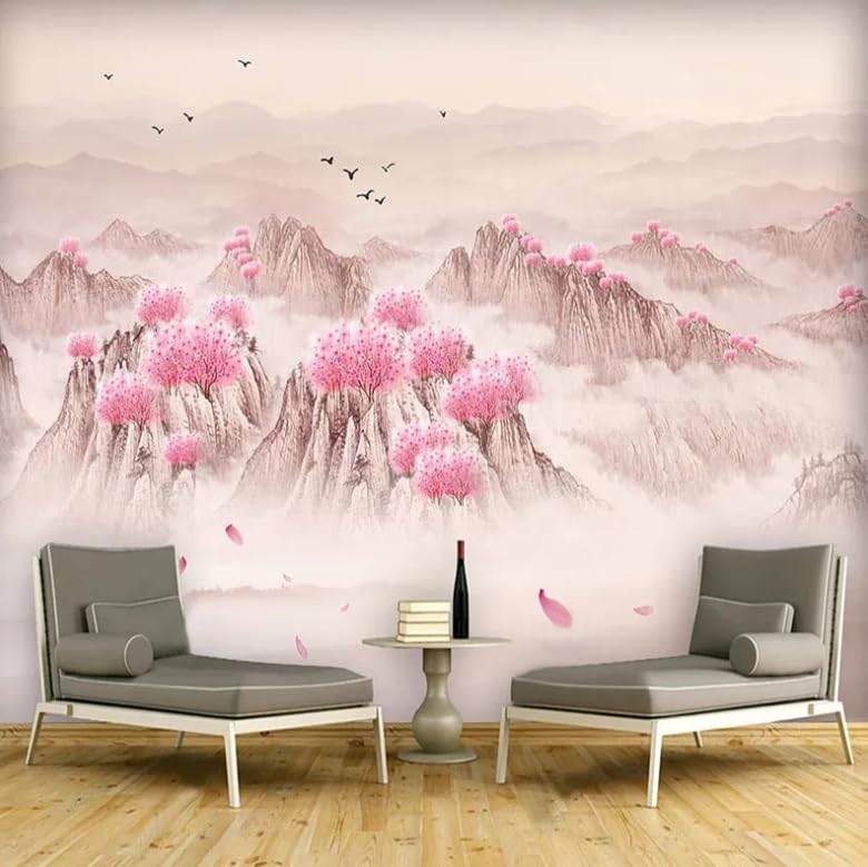 Papier peint chinois à encre de fleur de pêche et paysage de brouillard salon 250x175cm