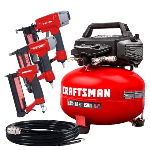 Craftsman 6-Gallon Pancake Air Compressor, 150 PSI, Oil-Free, w/ 16GA Finish, 18GA Brad & 23GA Pin Nailers, 25-Ft Hose