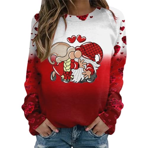 Sweatshirt femme col rond rouge à imprimé Saint-Valentin et manches longues coupe ample
