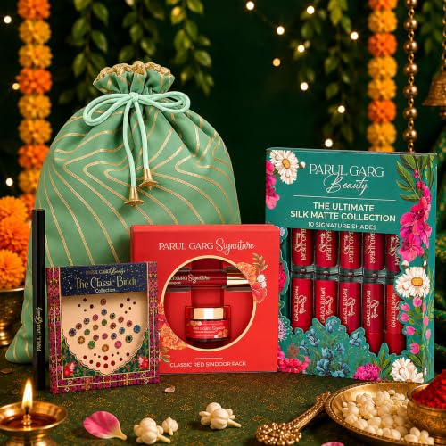 Image of Parul Garg Beauty Shringaar Celebration Pack | Festive Beauty Gift Set | 10 Mini Silk Matte Liquid Lipsticks, Kajal, Sindoor, Utsav Bindi Patta with Green Potli