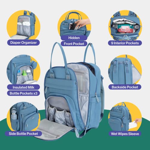 Babbleroo Diaper Bag Backpack - Baby Essentials Travel Bag - Multi Function Waterproof Diaper Bag, Travel Essentials Baby Bag With Changing Pad, Stroller Straps & Pacifier Case – Unisex, Light Blue #TOP2