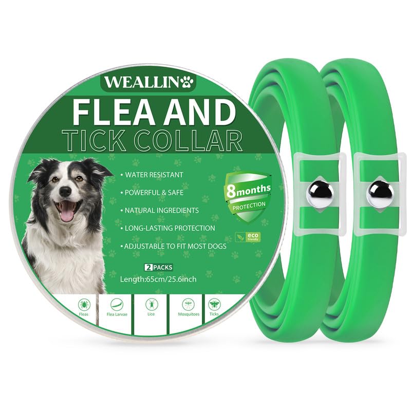 WEALLIN Collares Antiparasitario para Perros, Ajustable y Impermeable Collar Antipulgas Perros, Protección de 8 Meses, Aceites Esenciales Naturales para Perros de Todos Los Tamaños, Verde(2 Pcs)