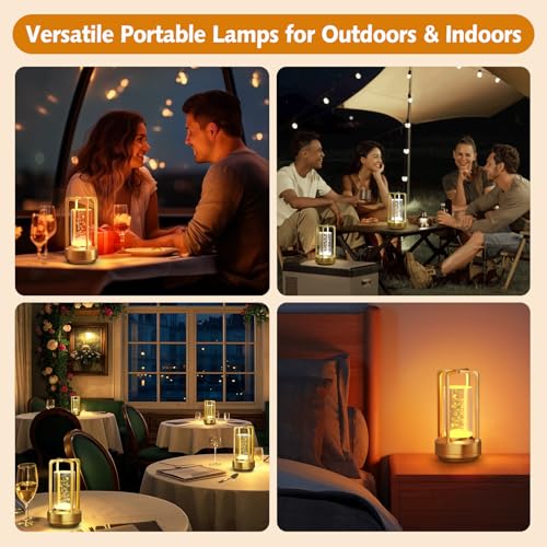 Image of Portable Table Lamp for Outdoor Indoor: Cordless Rechargeable Desk Lamp with 3 Color Stepless Dimmable - Metal Battery Operated Lantern Light for Bedroom /Bar /Coffee Shop /Camping (Gold (Bubble))