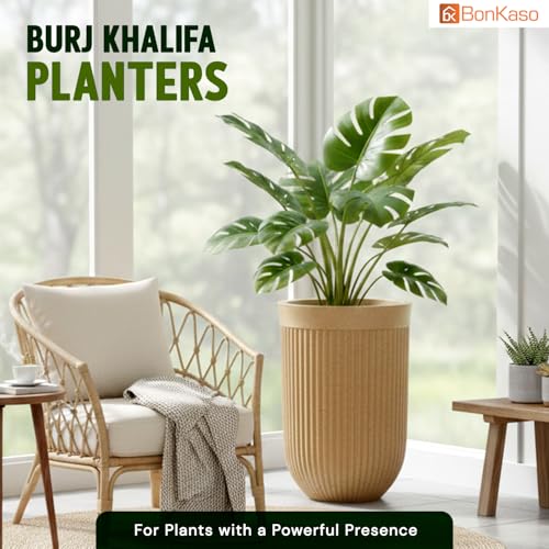 Image of Bonkaso 18 Inch Burj Khalifa Ribbed Planter for Indoor & Outdoor Use | Round Heavy Duty Polymer Flower Pot | Lightweight Weather Resistant Modern Gamla for Living Room Balcony & Terrace (Beige)