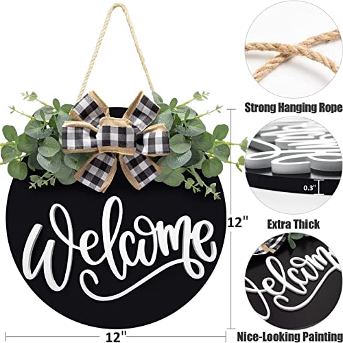 Welcome Sign For Front Door Porch Decor Farmhouse Wreath Wall Decor With Eucalyptus Wreath & Buffalo Bow - Round Hanging Welcome Sign Christmas Decoration For Home Outdoor Indoor, Housewarming Gift #TOP5