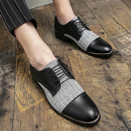 Image of Men's Two Tone Patchwork Brogue Oxfords Shoes,Fashion Classic Round-Toe Lace Up Low Top Leather Dress Shoes,Comfort Hand Stitched Business Formal Derby Shoes (Black,11.5)