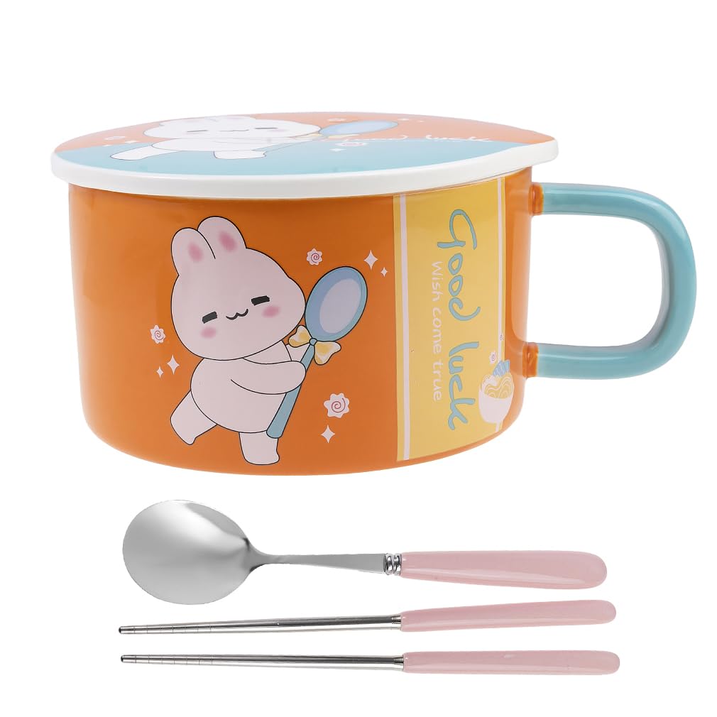 lachineuse - Instant Noodle Bowl - Asian Ramen Bowl - Porcelain - Rabbit Design - 1000 ML - with Lid and Cutlery - Breakfast, Soup, Rice - Asia Japan China Gift Idea - Orange
